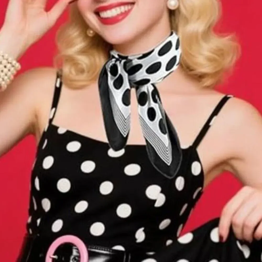 Black and White Silk Feeling Polka Dot Square Scarf 27.5” Satin Retro